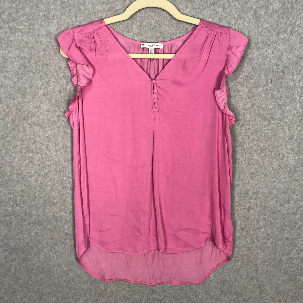 Maison d'Amelie Top Women XS Pink Blouse Ruffle Satin Silky Popover Loose Career